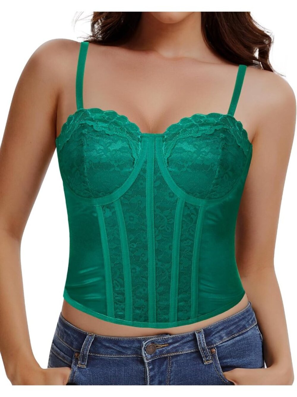Women's Green Underwire Sheer Boned Fit Spaghetti Strap Lace Bustier Corset Top